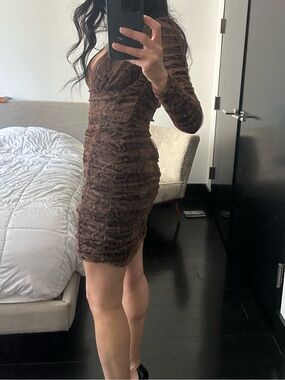 Zara Brown Ruched snake print Long-Sleeve Bodycon Dress sz S